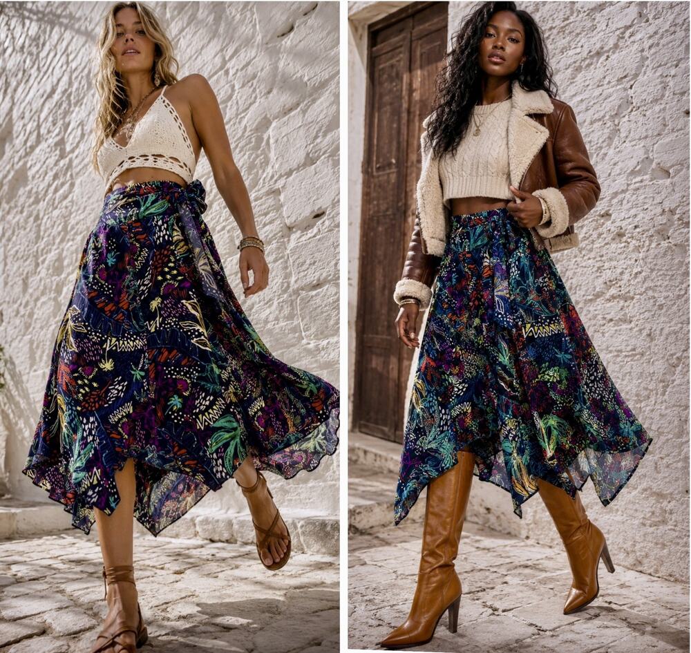 Tropical Floral Asymmetric Hem Tie-Front or Side Midi Organic Viscose Skirt S-L
